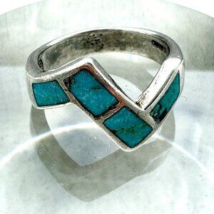 Doug Paulus Chevron Turquoise Inlay Ring Sterling Silver Zig-Zag Southwest S 6.5